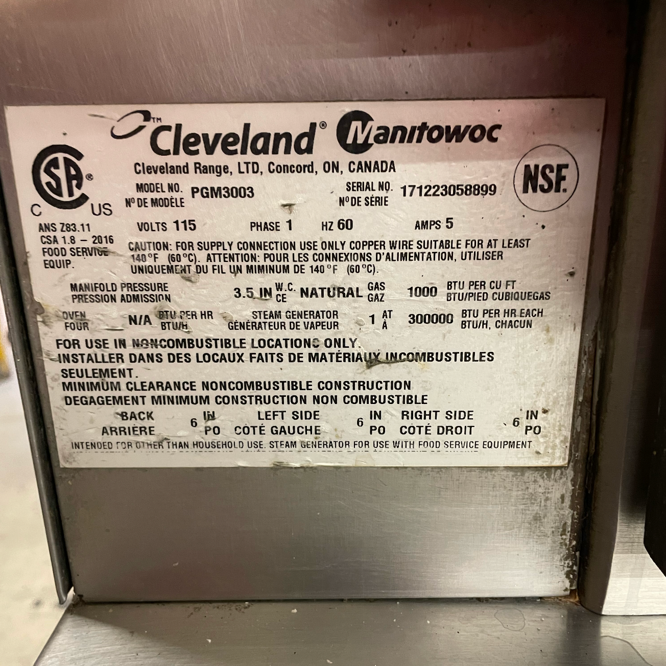 Gas Pressure Steamer | Cleveland | Model # PGM3003 | 2016 | NG