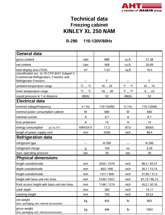 **NEW**  Overhead Freezing Cabinet | AHT | Model # KINLEY XL 250 NAM | 110-120 Volts