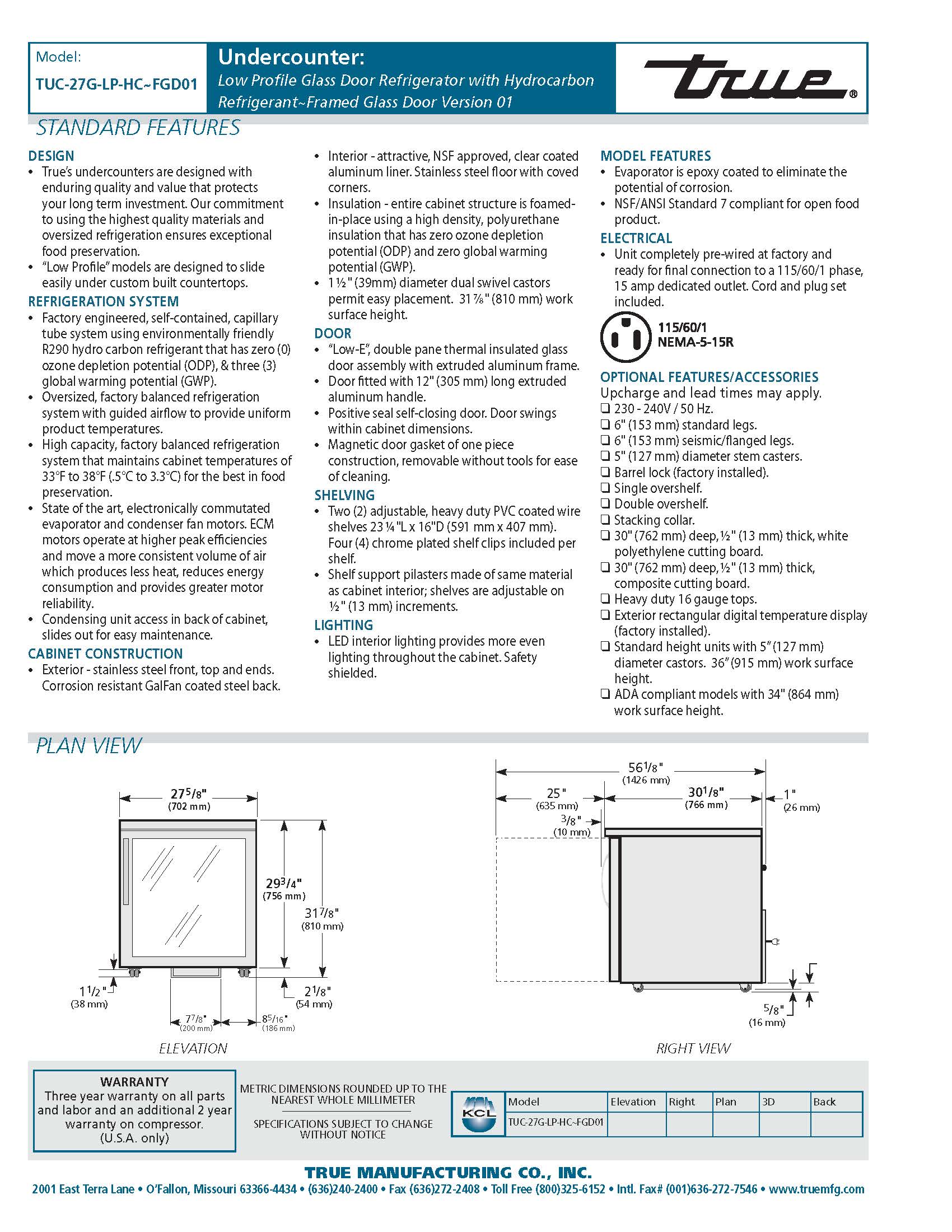 Undercounter Refrigerator with Glass Door | True Refrigeration | Model # TUC-27G-LP-HC~FGD01 | Ser # 9094413 | 115 Volt