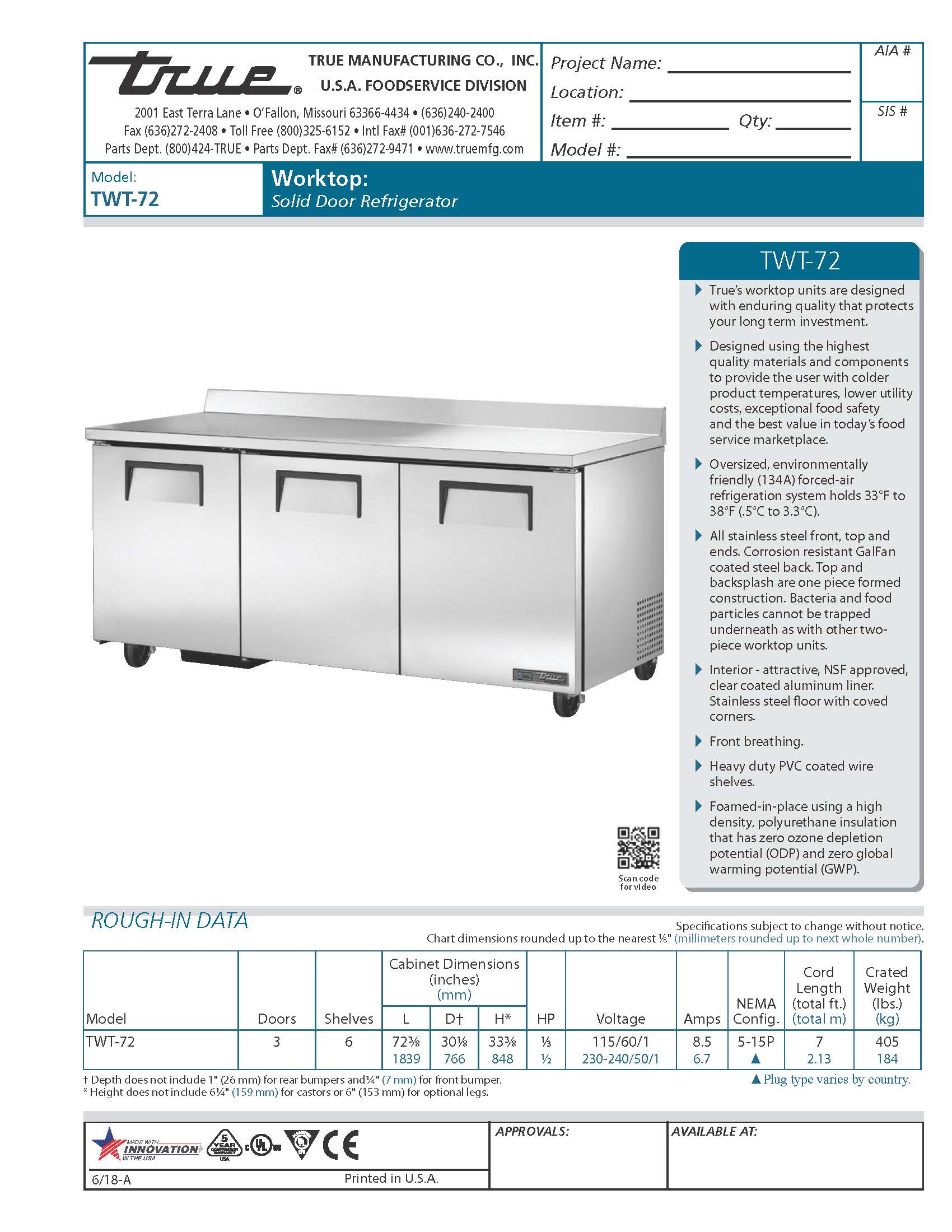 Worktop: Solid Door Refrigerator | True Refrigeration | Model # TWT-72 | Ser # 8376504 | 115 Volt