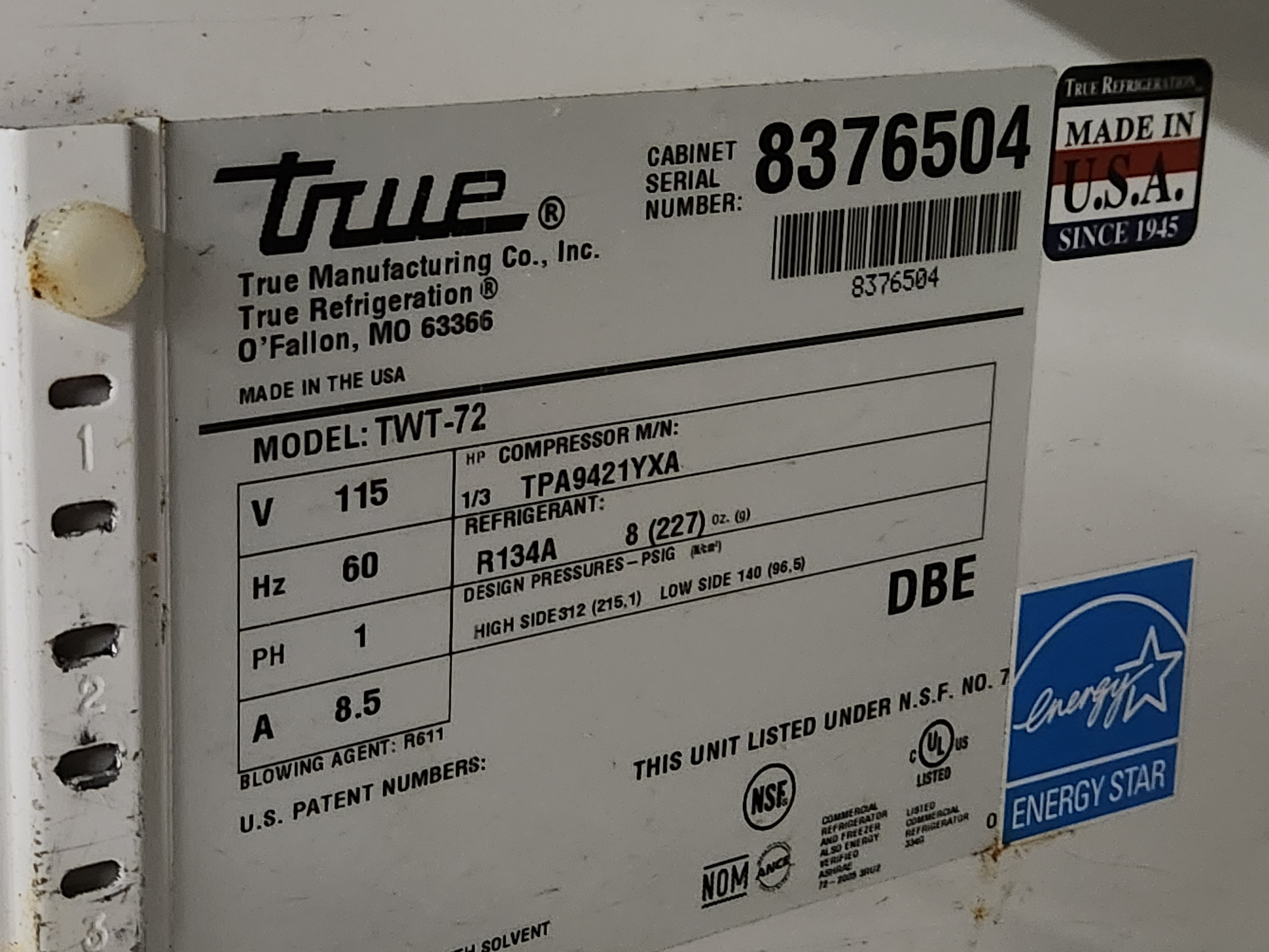 Worktop: Solid Door Refrigerator | True Refrigeration | Model # TWT-72 | Ser # 8376504 | 115 Volt