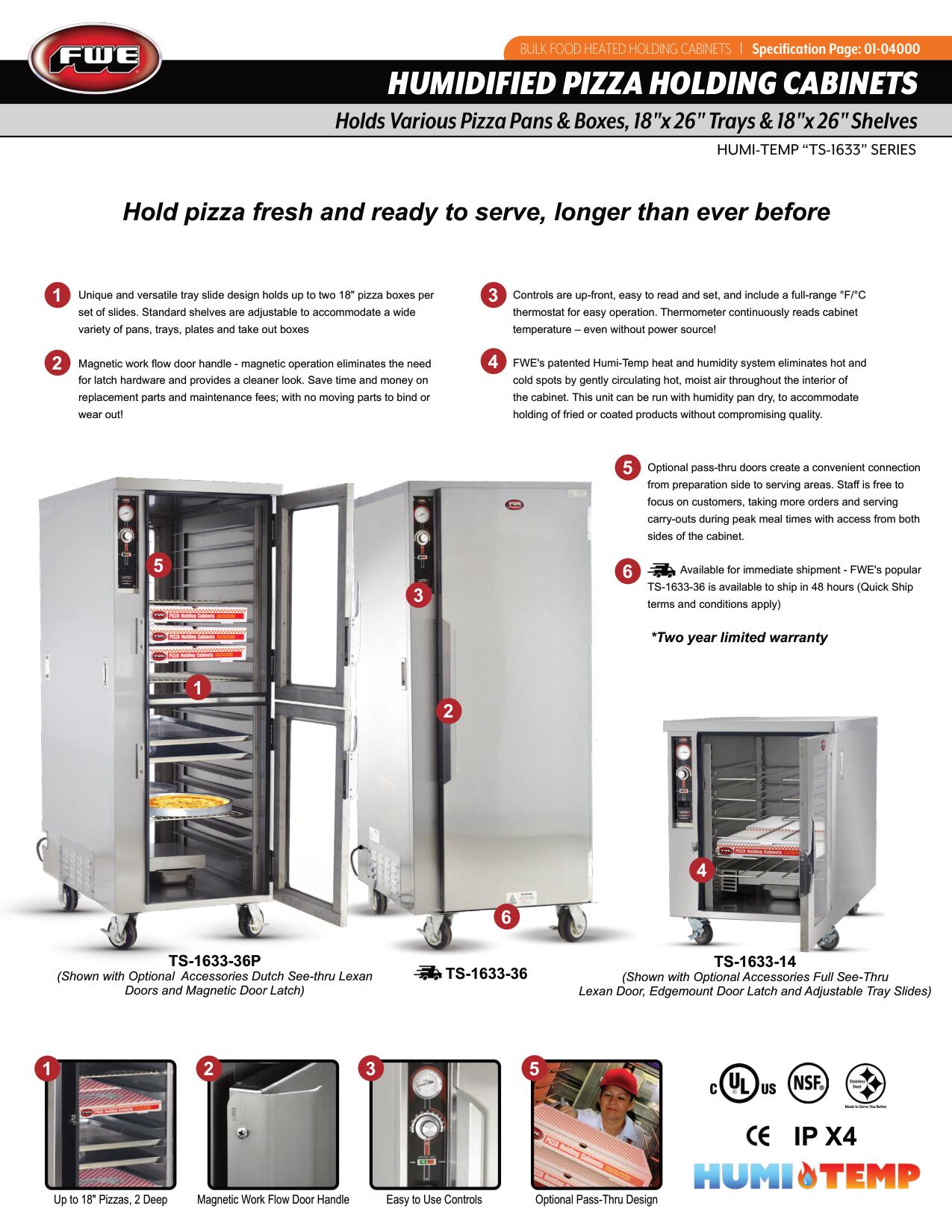 HUMIDIFIED PIZZA HOLDING CABINET | FWE | Model # TS-16633-36P | 120 Volt